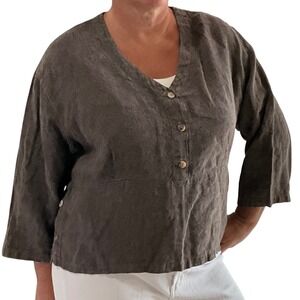 Click Made‎ In USA Linen Top Button Front Brown 3/4 Sleeve Women's XL